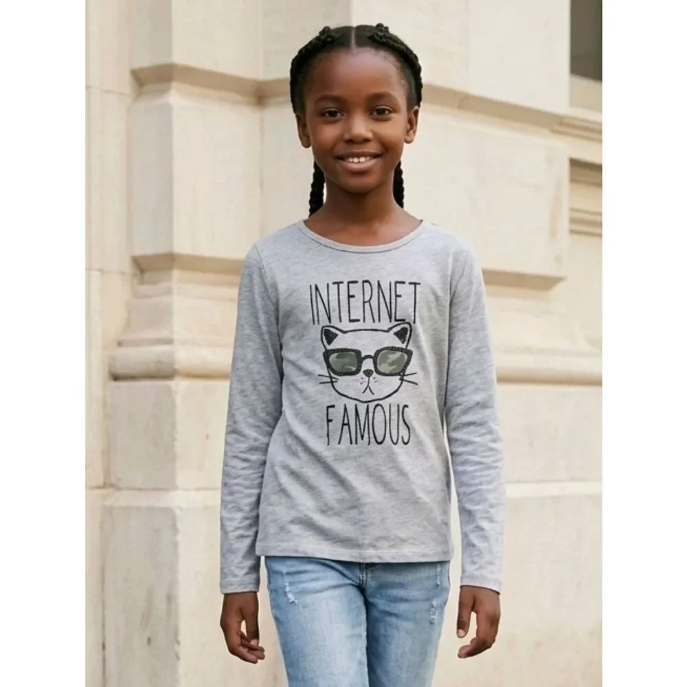 Justice Girls 8 Gray Long Sleeve INTERNET FAMOUS Cat Camo Shades Shirt T-Shirt